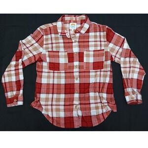 C&C California Womens Red Plaid Button Down Shirt Large Stretch Knit Flannel L